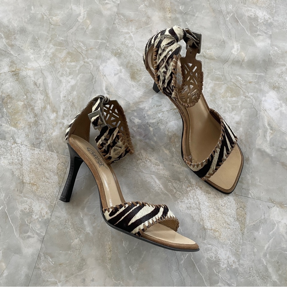 Calf Hair Zebra Print Cut Out Detailed Ankle Strap & Stitch Trim Heels